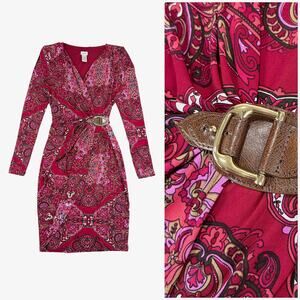 Cache Paisley Wrap Dress Womens S Pink Long Sleeved Bodycon Wedding Guest EUC